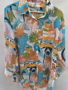 Violet Sky Beach Tropical Coverup Front Pocket Button Down Sheer Tunic Top Large